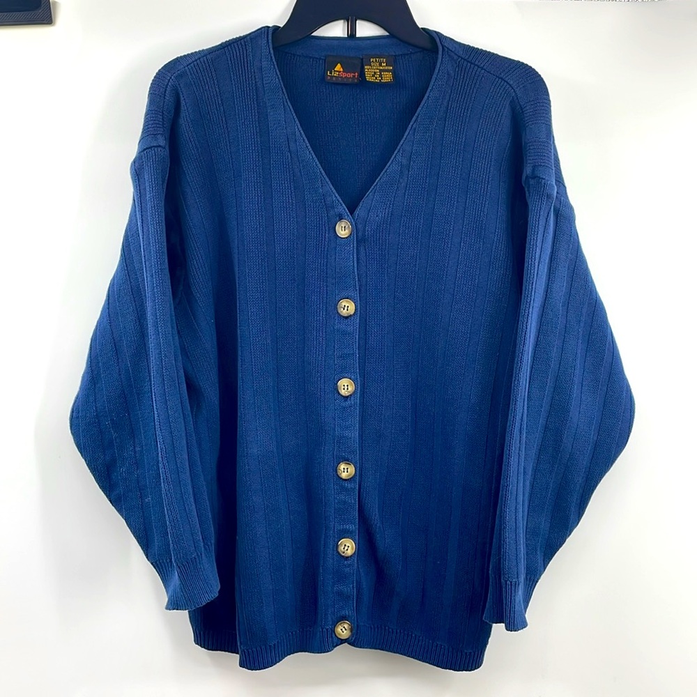 Vintage 90’s Liz Claiborne LizSport Navy Ribbed Cardigan Sweater Size Medium P
